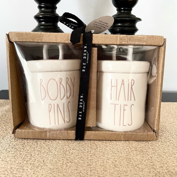 New Rae Dunn BOBBY PINS/ HAIR TIES Loop Canister Ceramic Set - Picture 2 of 6